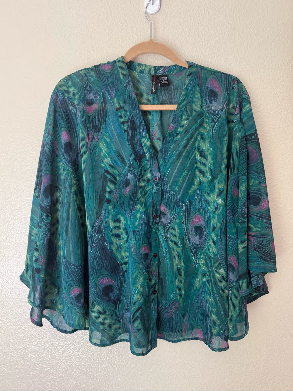 ❇️Fire Los Angeles Teal Peacock-Print Button Front Blouse 2 for $22❇️